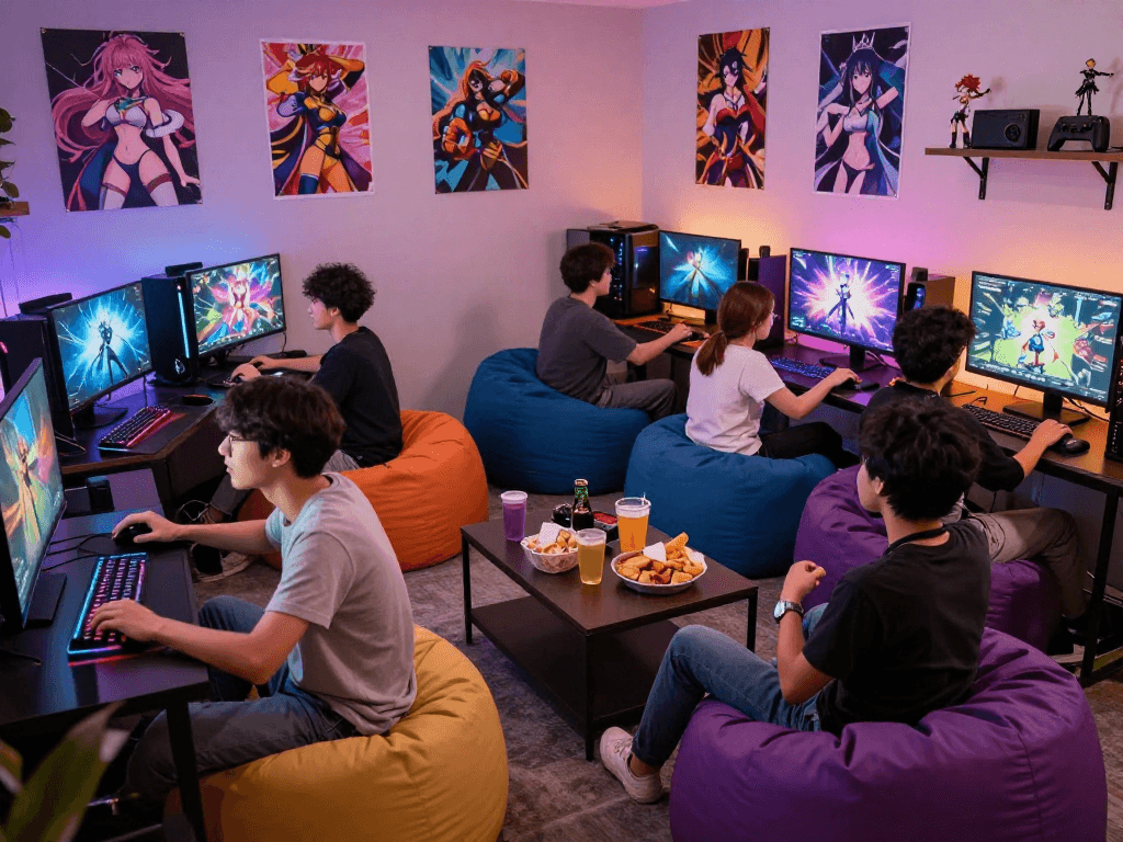 Group of friends enjoying a hentai game session in a vibrant gaming lounge.