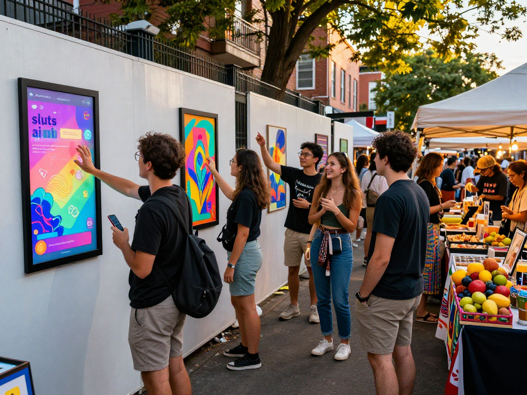 Crowd interacting with tech installations at street market showcasing sluts ai, vibrant atmosphere.