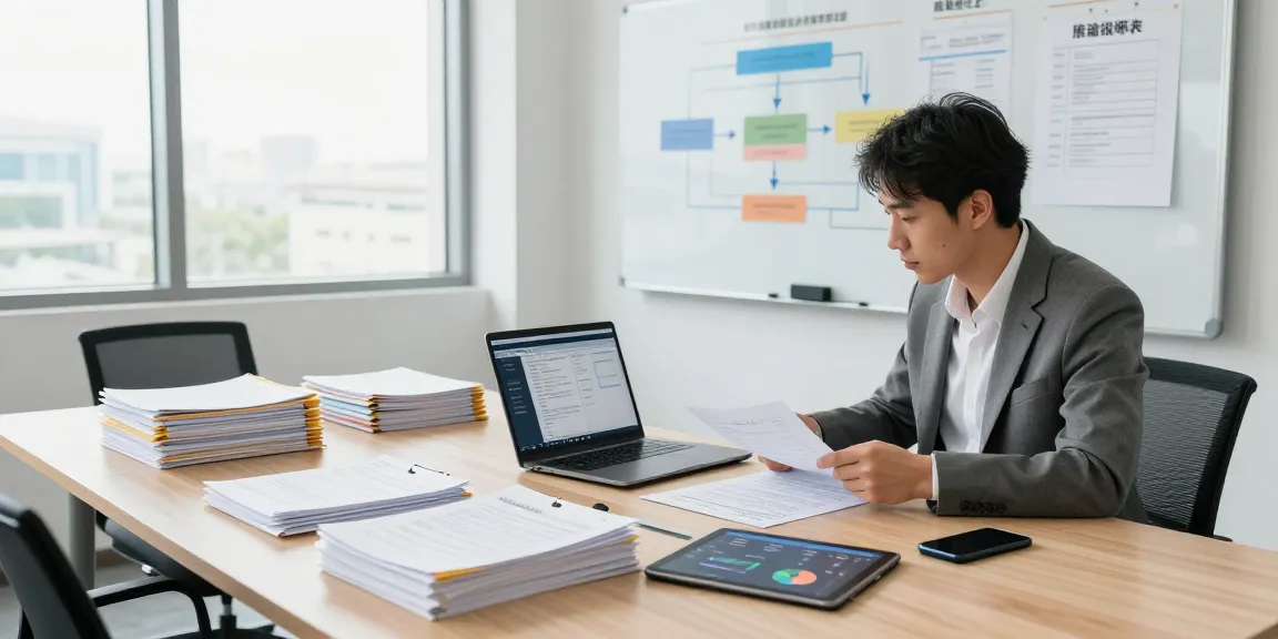 Document fraud detection analysis in a corporate office setting with technology and organized paperwork.