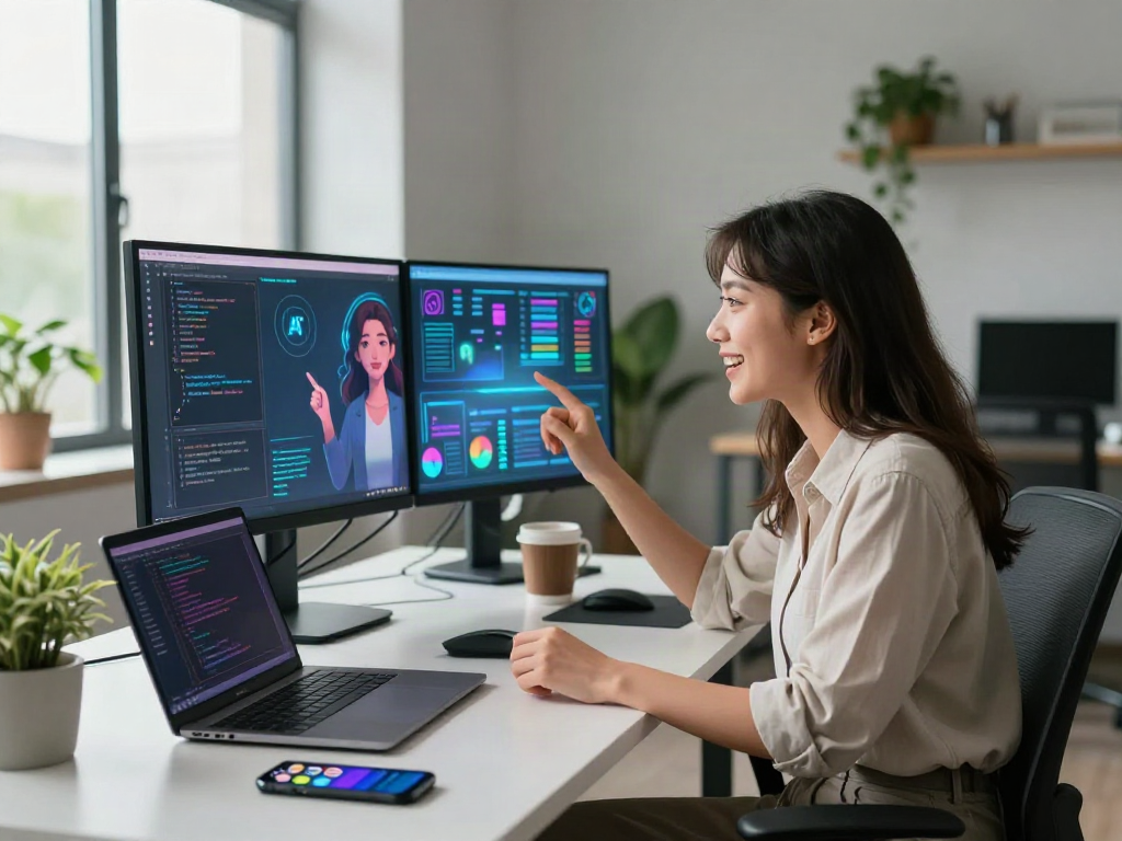 AI girlfriend simulation in a tech workspace, combining innovation and personal connection, showcasing vibrant interactions with technology.