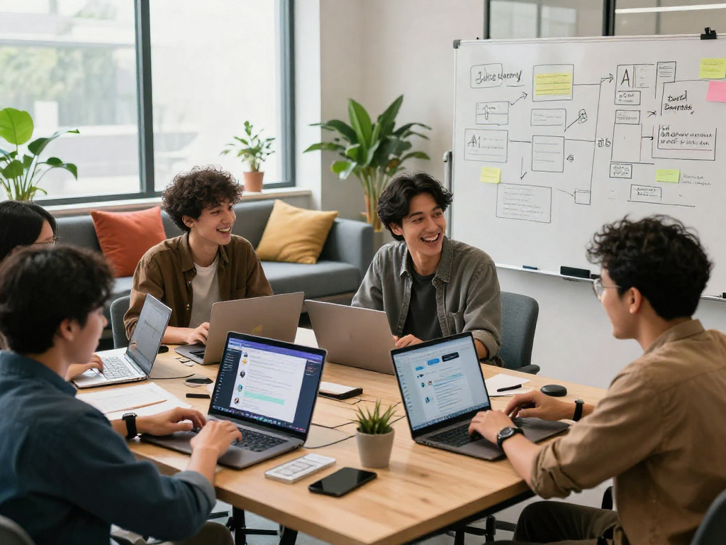 Engaging professionals showcasing Juicy AI chat interfaces in a modern workspace.