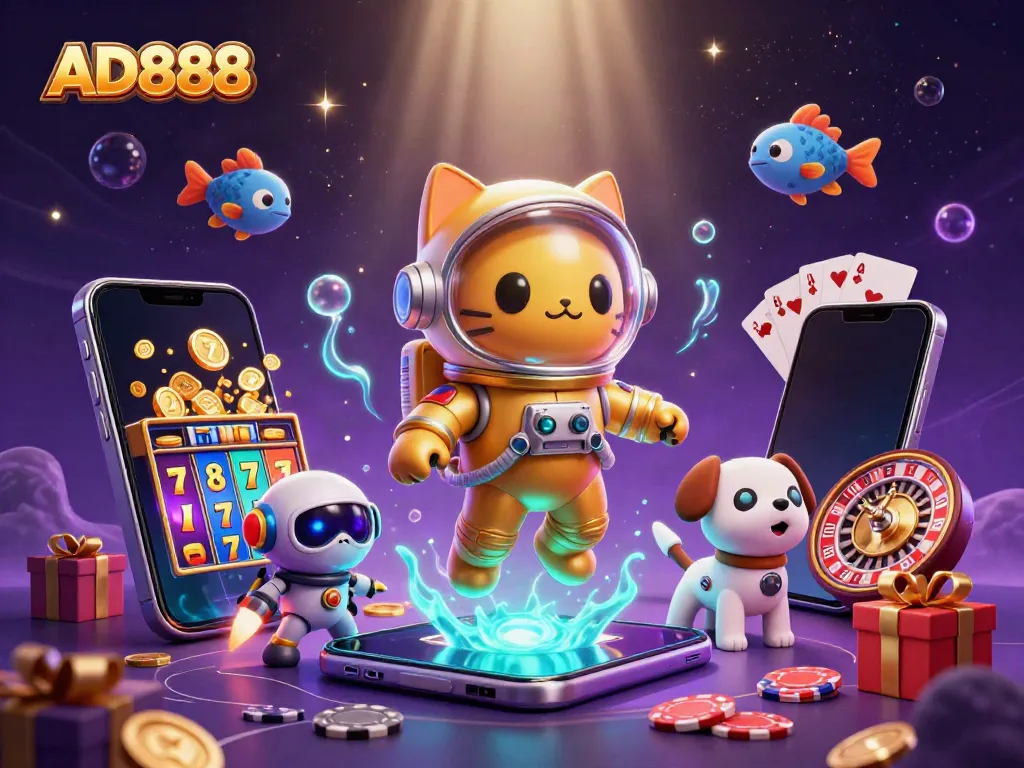 Engage with AD888's vibrant casino experience featuring slots, poker, and space themes.