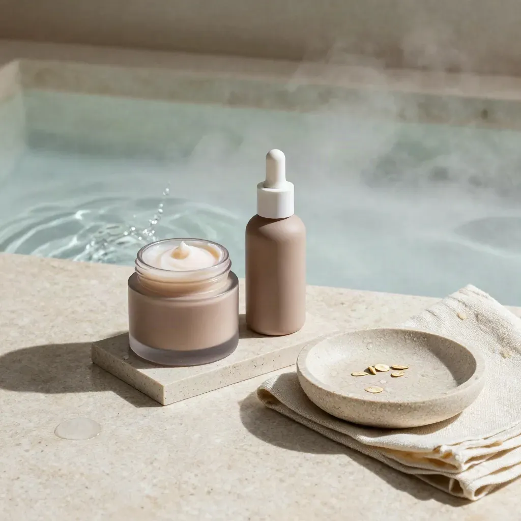 Crema e siero idratante su pietra chiara con lino e gocce d’acqua, luce morbida.
