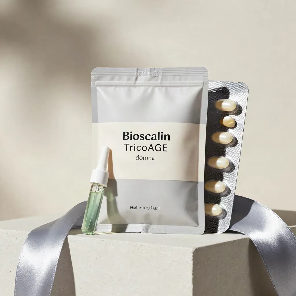 Confezione Bioscalin, fiala e blister su drappo satinato verde farmacia, luce soffusa.