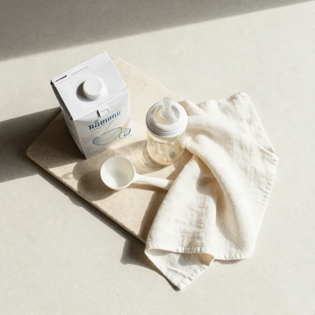 Flat lay dall’alto con formula liquida, biberon, misurino e mussola su pietra chiara.