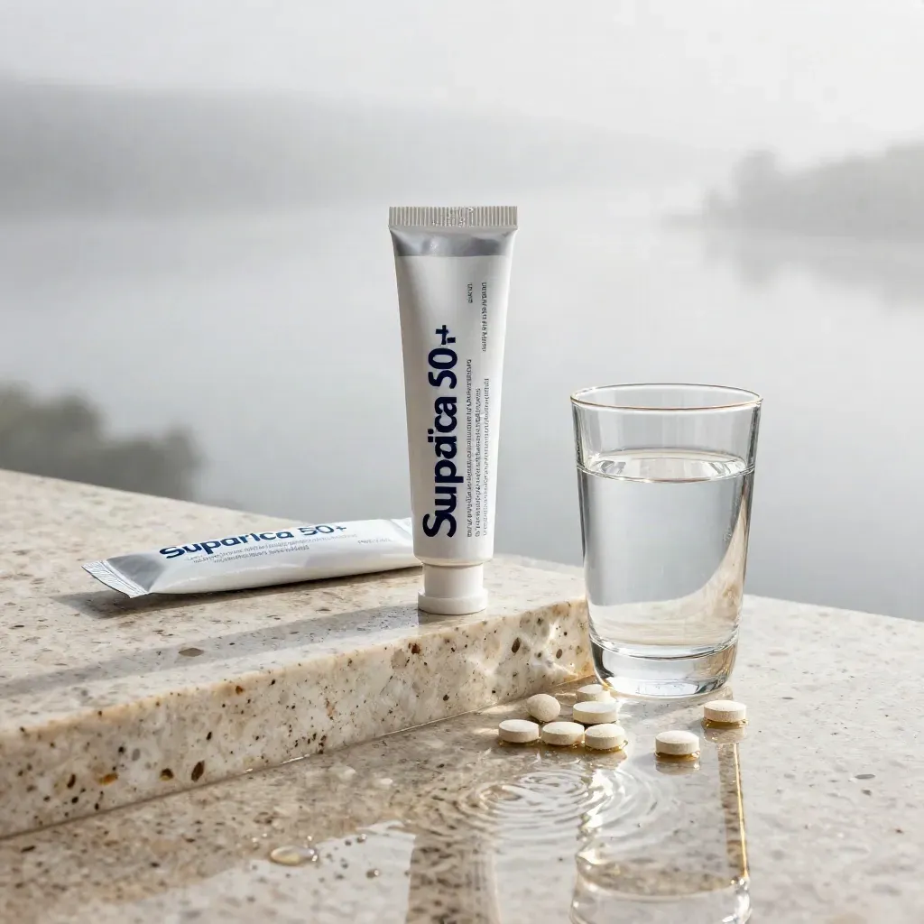 Tubi di integratori effervescenti su travertino bagnato, con acqua, compresse e luce mattutina.