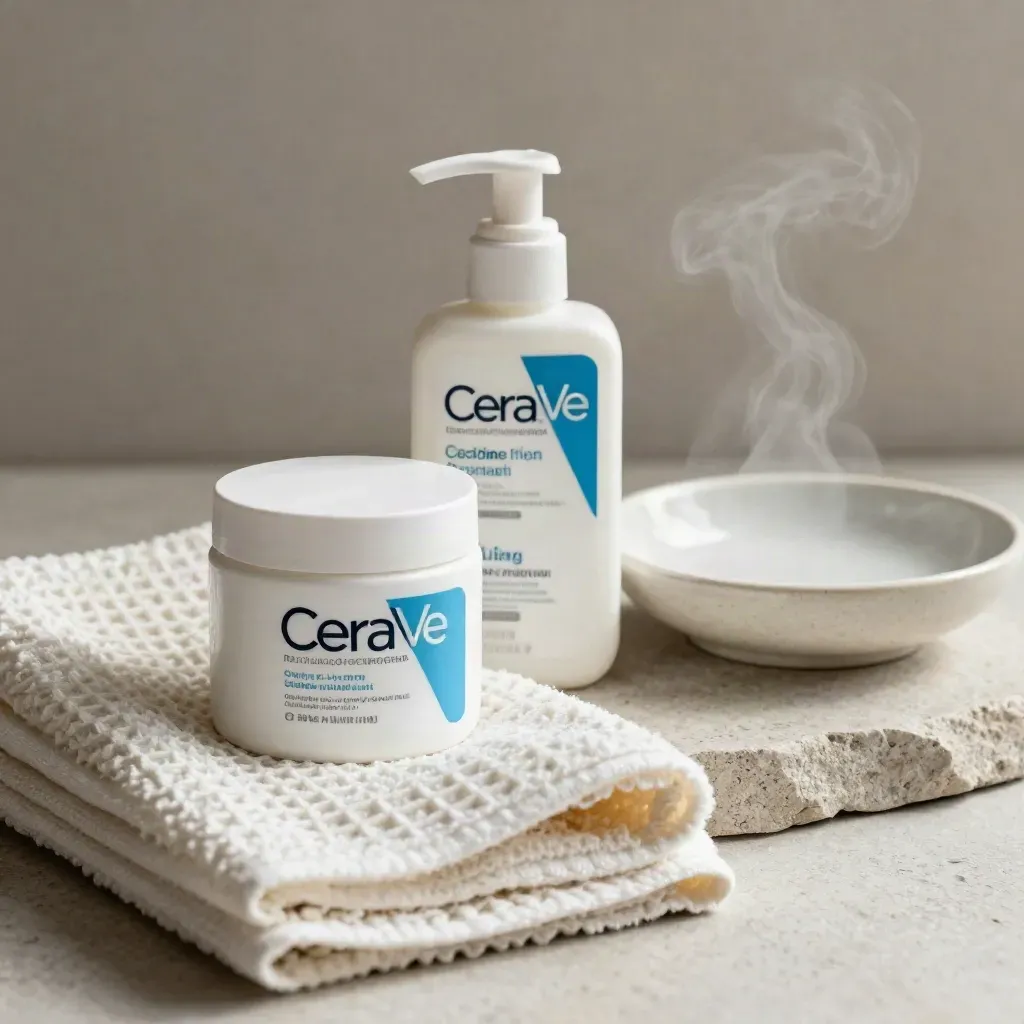 Crema idratante e flacone pump su pietra fredda con asciugamano waffle e ciotola in ceramica.