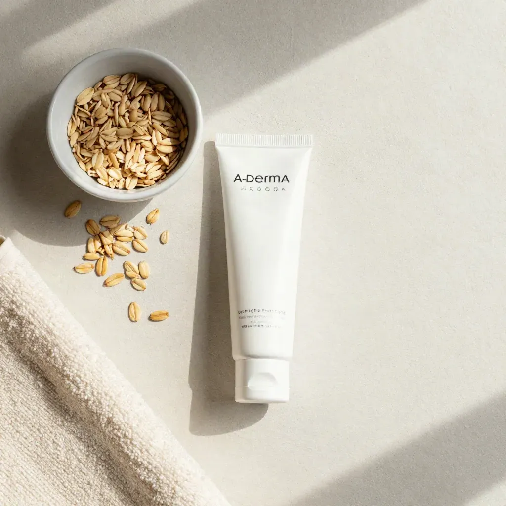 Tubetto crema A-Derma, avena, garza e asciugamano crema su intonaco chiaro.