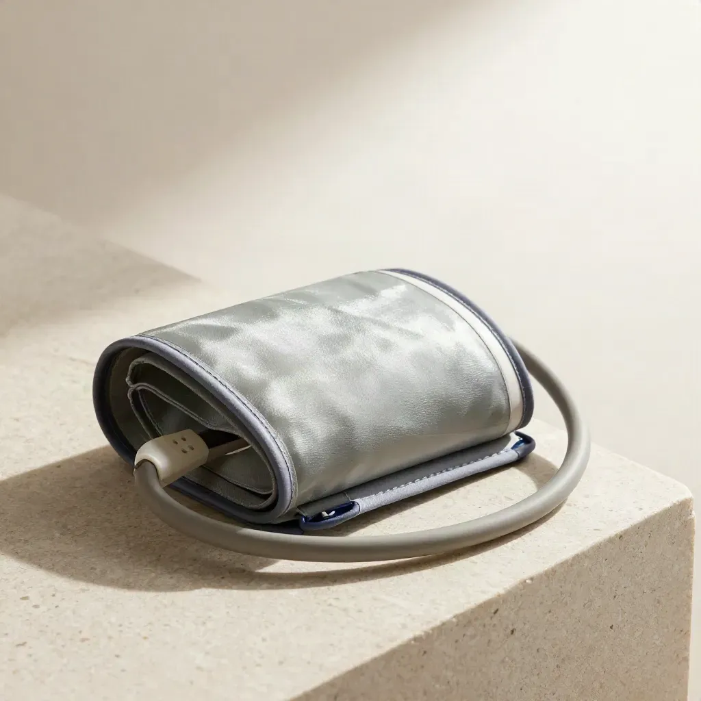 Misuratore di pressione bianco con bracciale e base in pietra chiara, ripresa macro.
