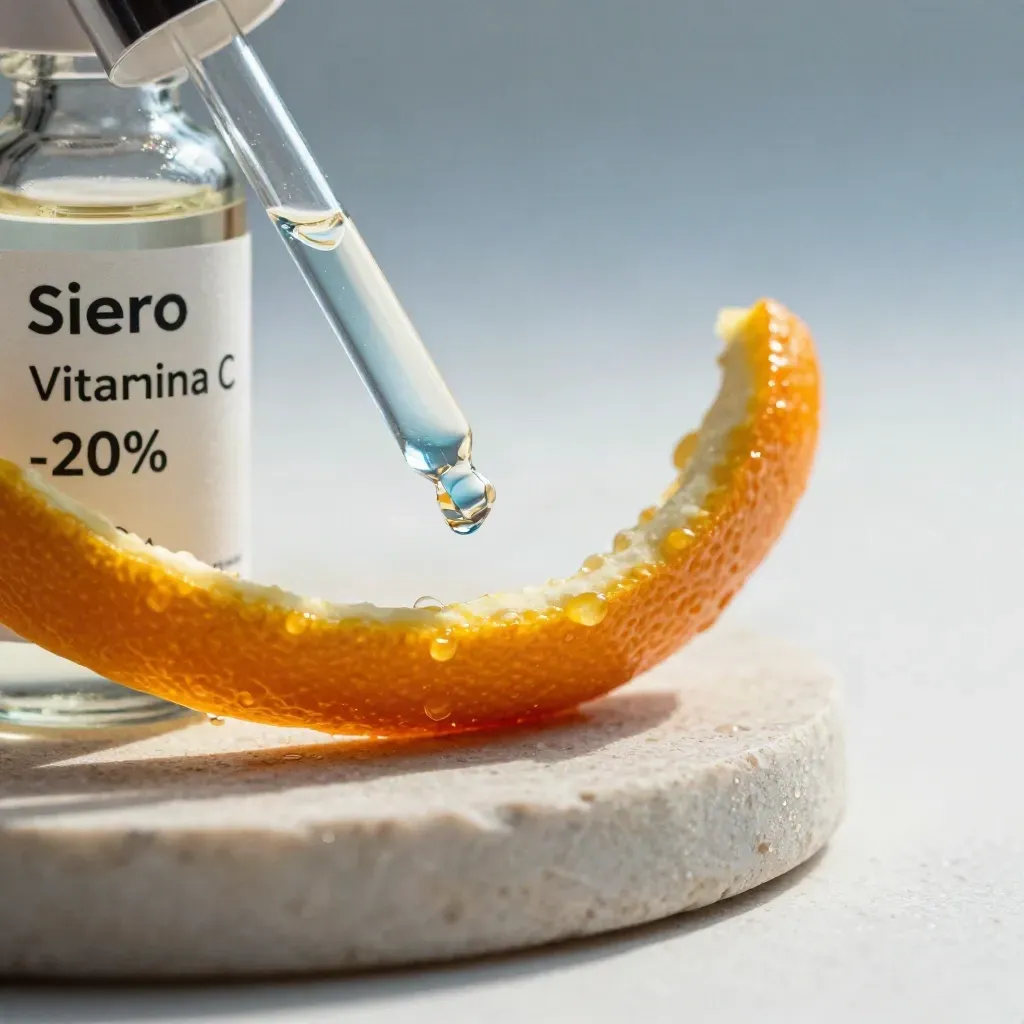 Macro del siero vitamina C con buccia d’arancia e piattino in pietra chiara.