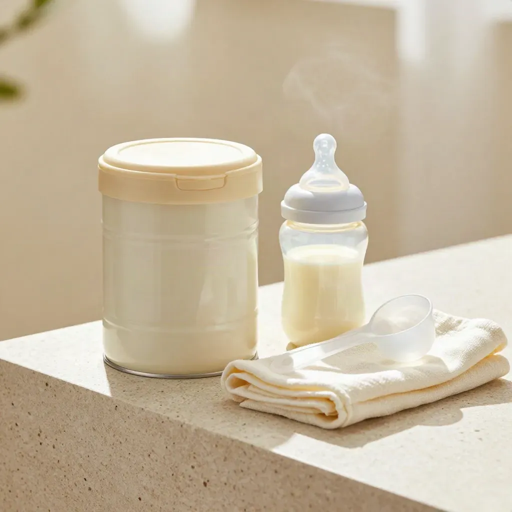 Set premium per neonati con latte in polvere, biberon, cucchiaino e mussola su travertino chiaro