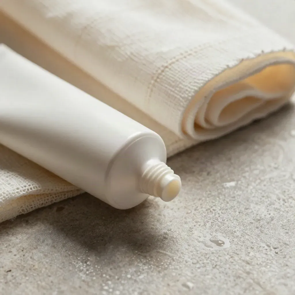 Tubo crema bianco, garza e piastrella di pietra umida in luce radente.