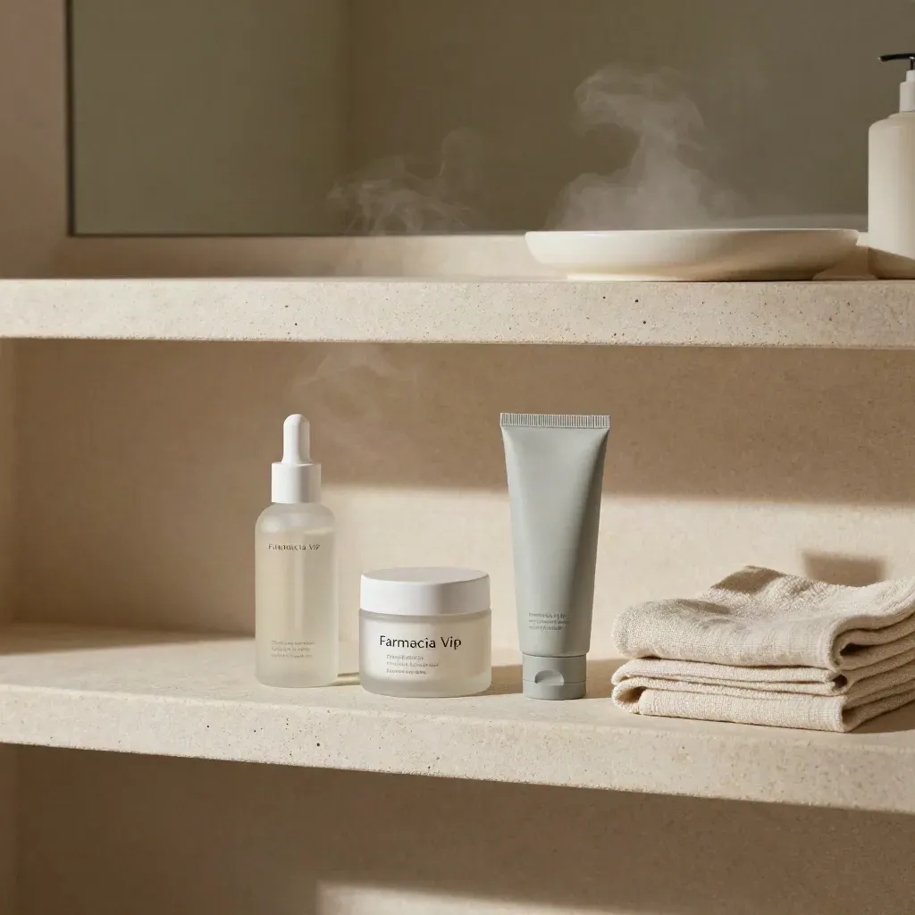 Bagno premium con dermocosmetici su mensola in pietra, asciugamano e luce soffusa.