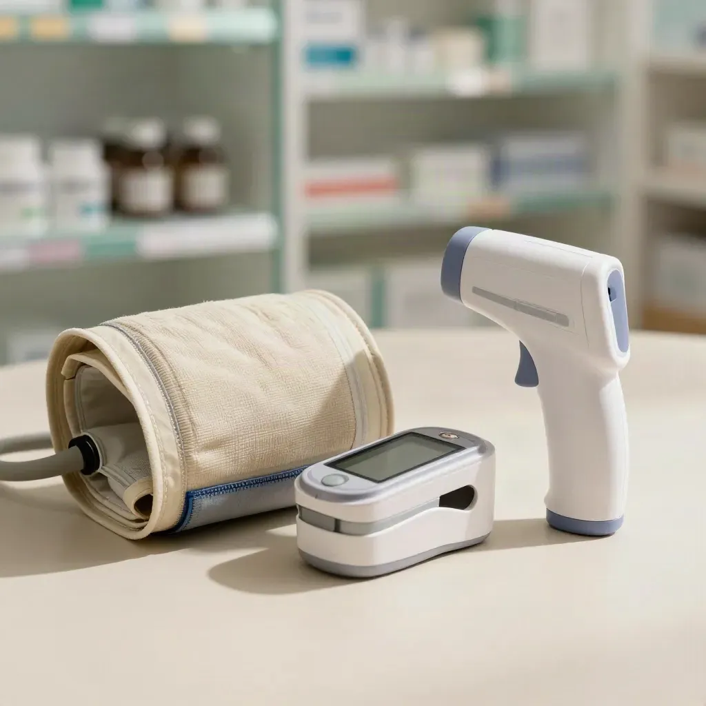 Dispositivi medici su mensole bianche in farmacia moderna, luce naturale e spazio calmo.