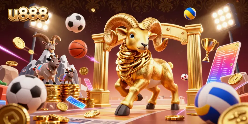 Experience the excitement of u888 with a dynamic 3D scene of a golden ram charging, flanked by sports elements, showcasing energetic gambling.