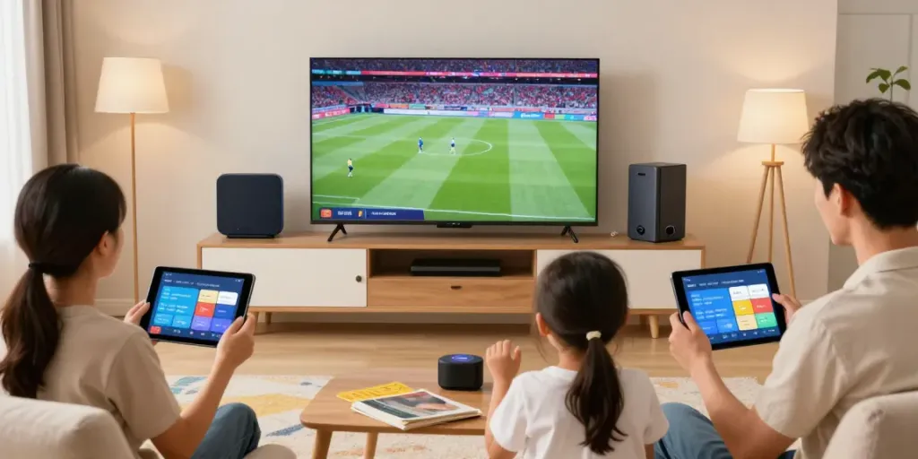 Family engaging with test iptv on Smart TV and devices in a cozy living room.