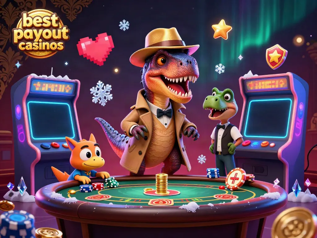 Experience exciting gameplay at the best payout casinos with a cartoon velociraptor at a blackjack table.